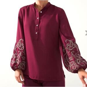 Chicos Burgundy Red Embellished Paisley Embroidered Bishop Sleeves Sz 1 Medium